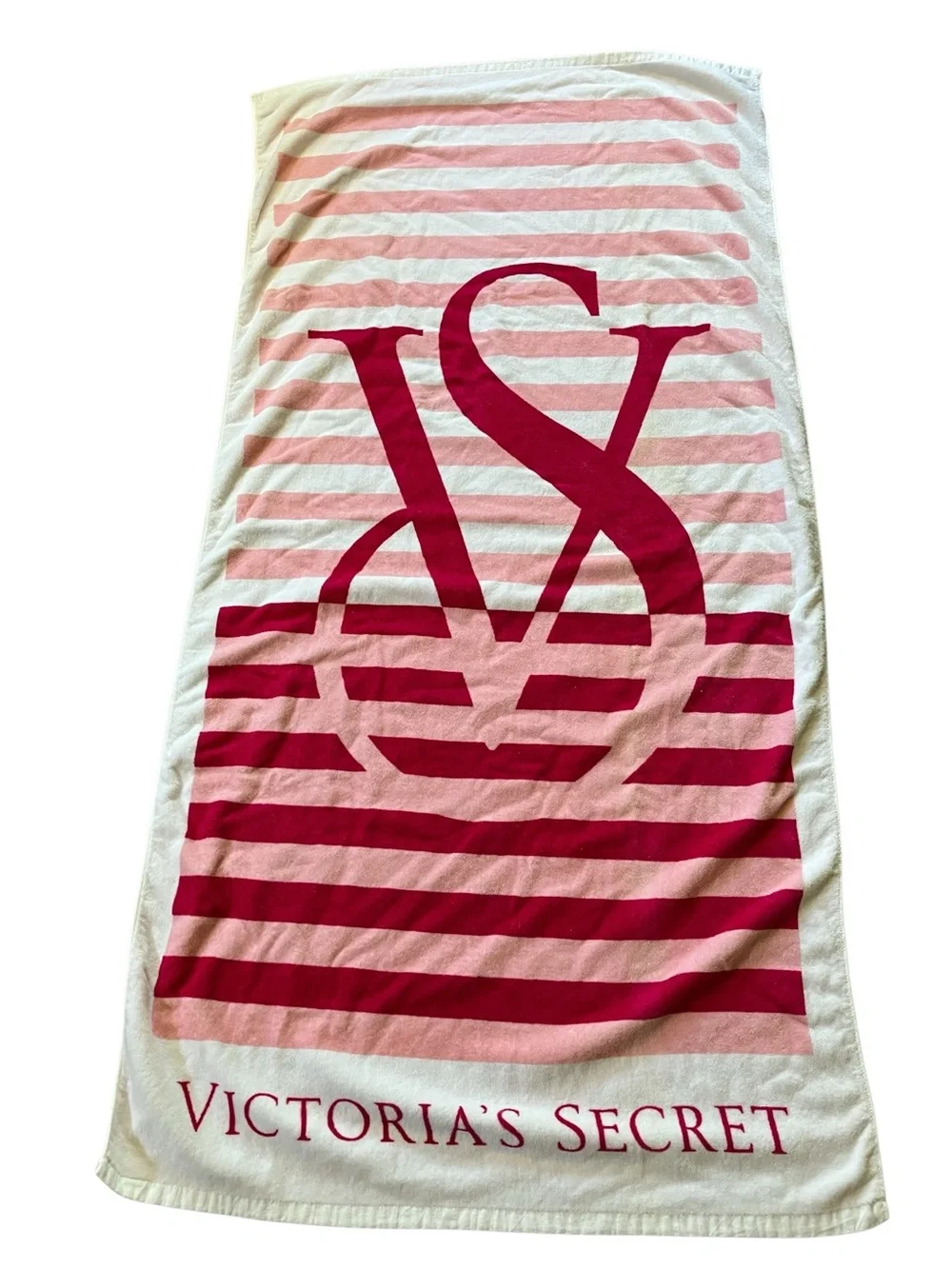 Victoria's Secret Beach Towel VS Logo Pink White Striped 100% Cotton